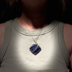 Large lapis stone and sterling silver wire wrapped pendant (comes with chain!)